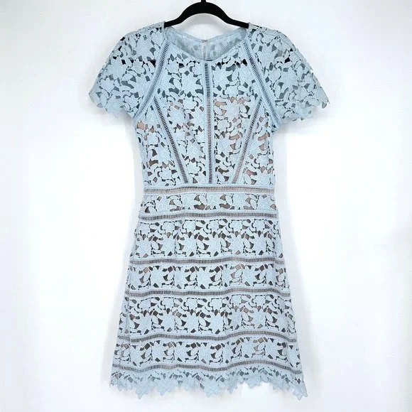 REISS Orchid Lace Overlay Scallop Ladder Short Dress Light Blue Cap Sleeve  6 - emaralddelhi.in